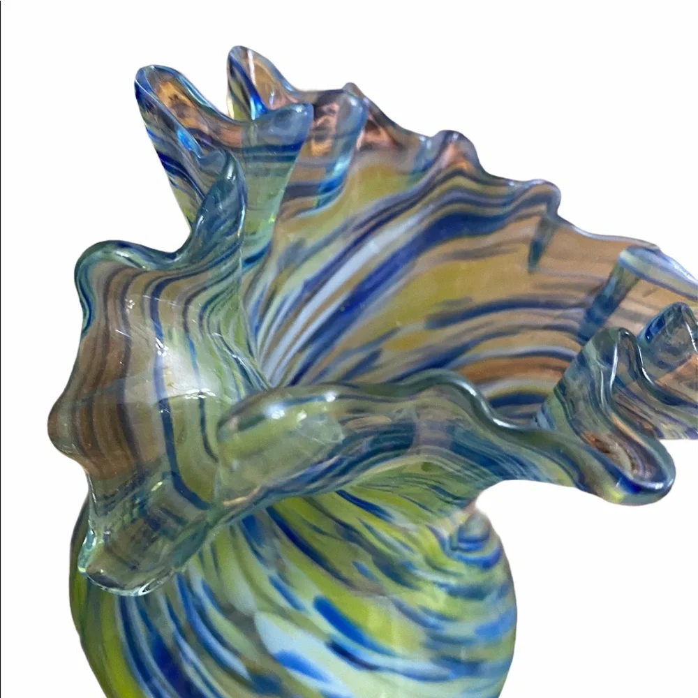 Blue Green swirl‎ ruffle top glass vase
